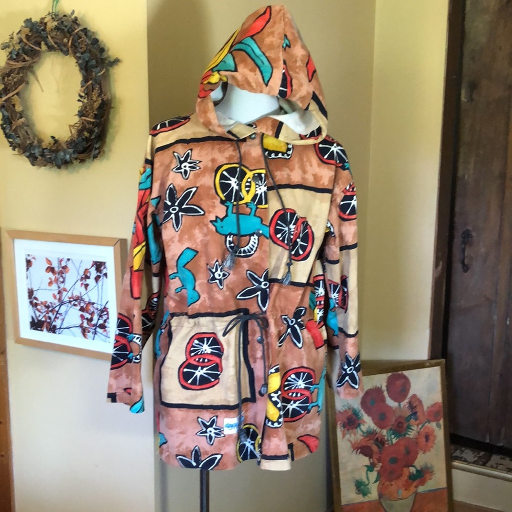 HIMALAYA sz Large Graphic Print Flower Bird 100% Cotton SnapFront Jacket Hooded